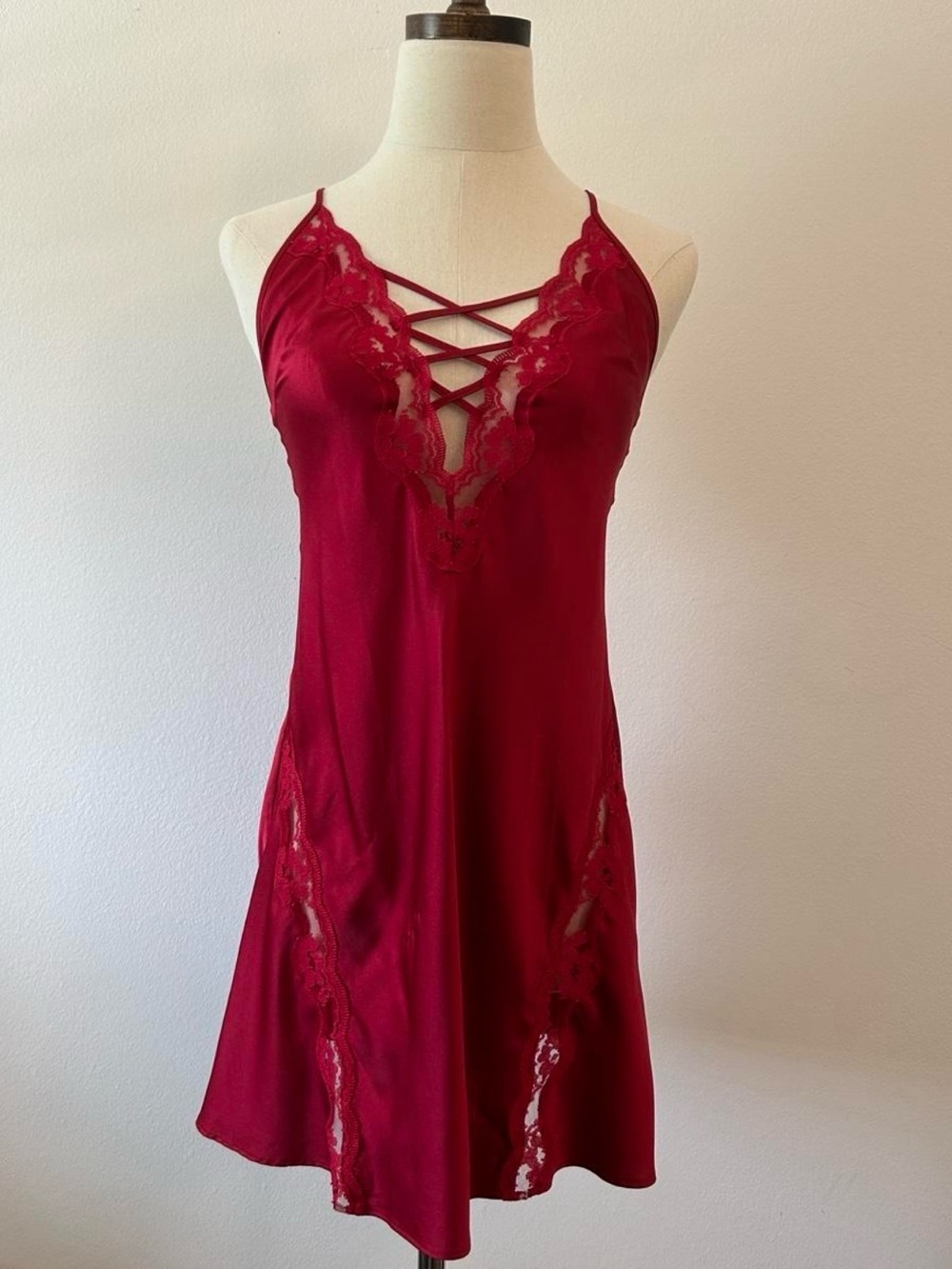 Victoria's Secret Red Lace-Trim Satin Chemise